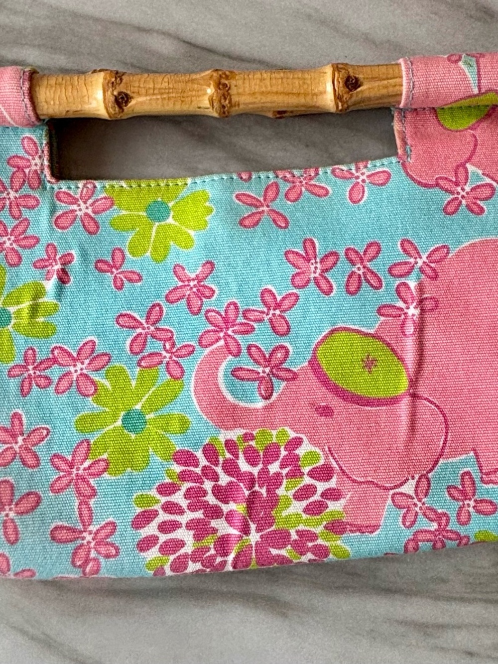 Vintage Lilly Pulitzer Elefrance Elephant Print Bamboo Handle Purse